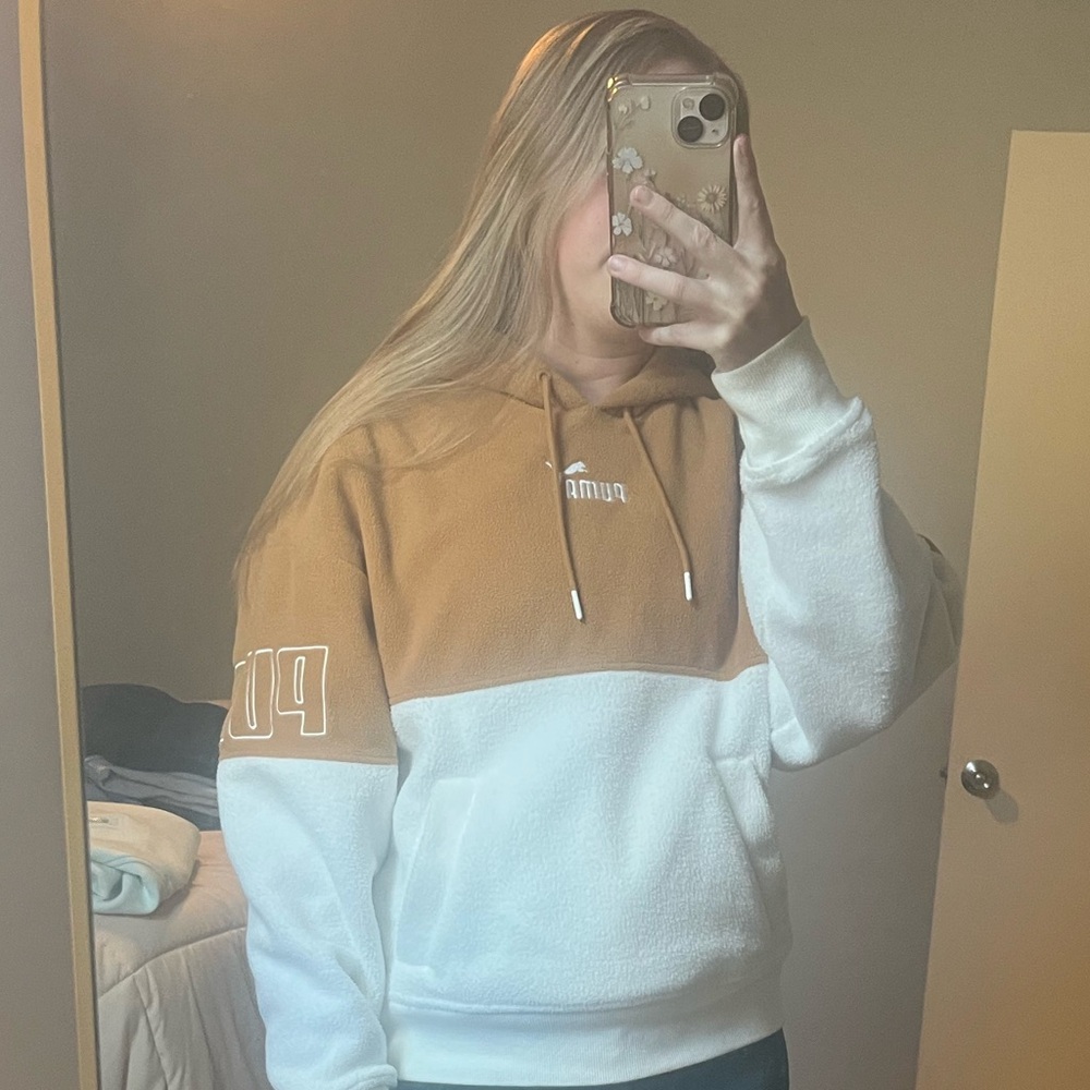 PUMA Tan Fleece Pullover Hoodie with White Trim